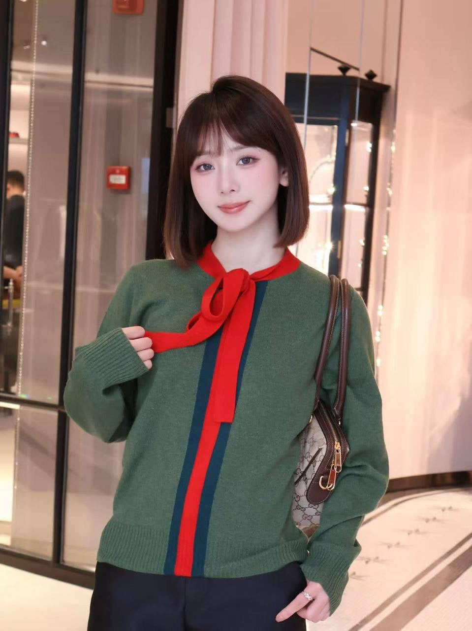 GC Green Knit Wool Cashmere w Red Ribbon Cardigan