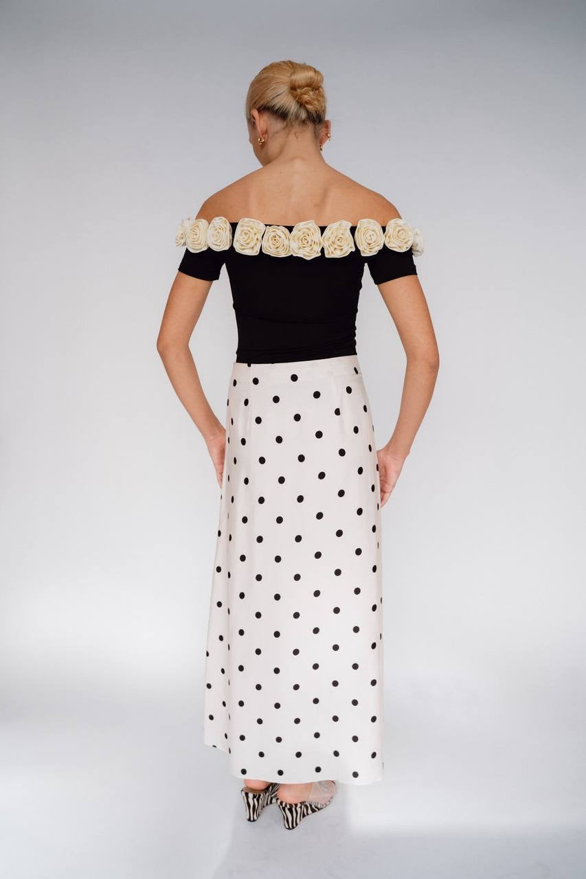 ML Gabrielle Off-Shoulder Top | Gabby 3D Rose Appliqué Maxi Dress