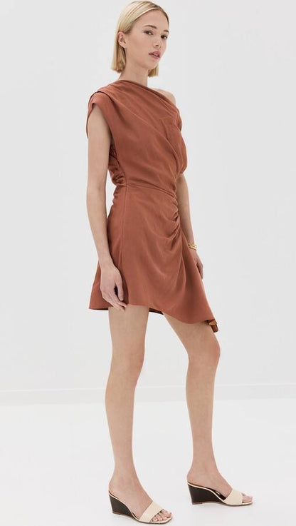 ALC Poppy Viscose-Linen One Shoulder Ruched Mini Dress