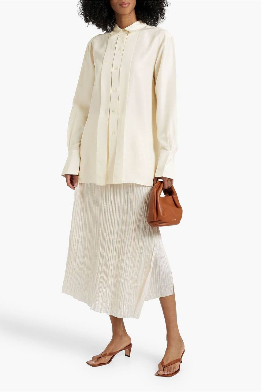 TOT Pleated Silk Long-sleeved Collared Shirt