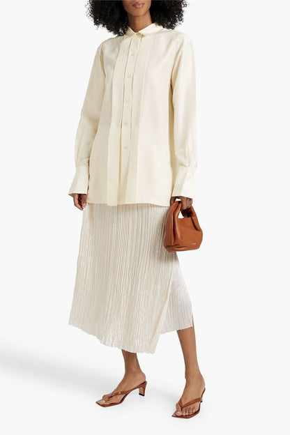 TOT Pleated Silk Long-sleeved Collared Shirt