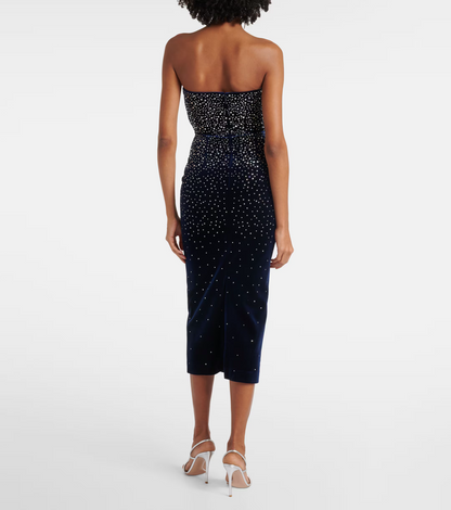 AP Black Strapless Crystal Embellished Velvet Midi Dress