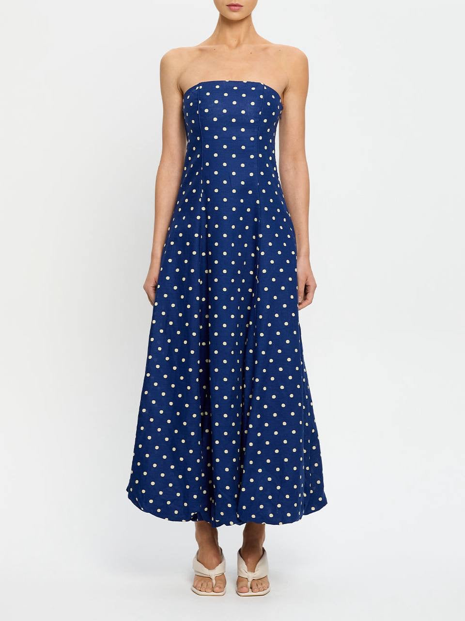 KV Lily One-Shoulder Toga Midi Dress | Strapless Bubble Cotton-Linen Polka Dot Maxi Dress