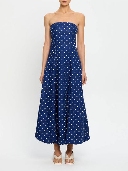 KV Lily One-Shoulder Toga Midi Dress | Strapless Bubble Cotton-Linen Polka Dot Maxi Dress