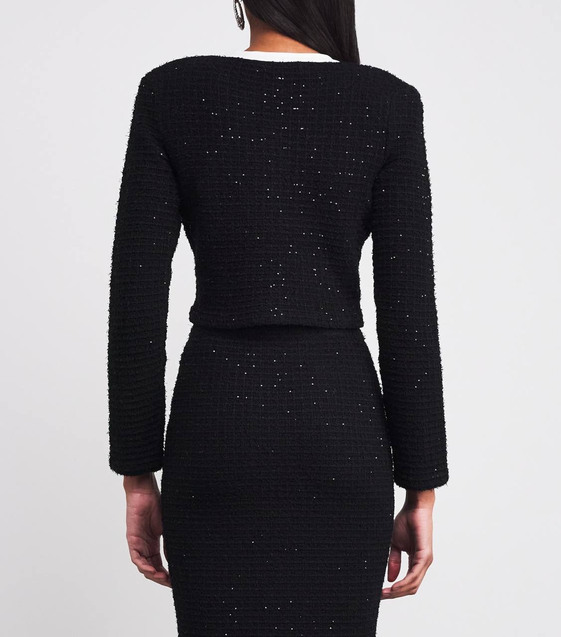 SP Black Textured-Knit Embellished Floral Jacket | Skirt