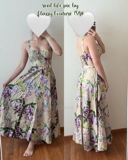 CC Calypso Bustier Belted Midi Dress in Floral Linen | Trellis Eyelet White Cotton