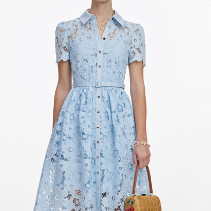 SP Blue Lace Collared Belted Shirtdress Midi Dress