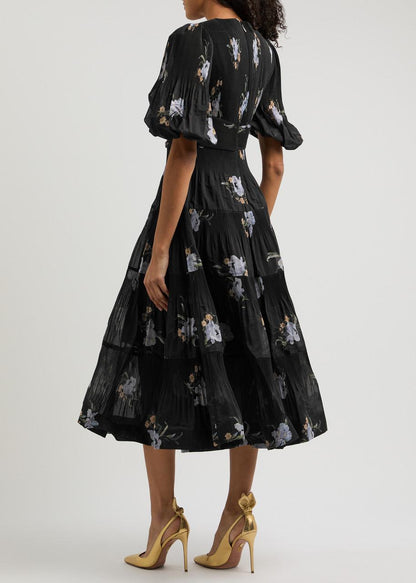 Black Iris Floral Pleated Mini | Midi Dress