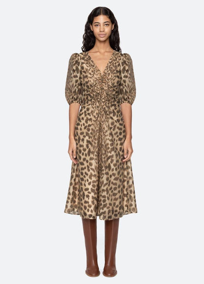 SE Claude Print Puff Sleeve Midi Dress