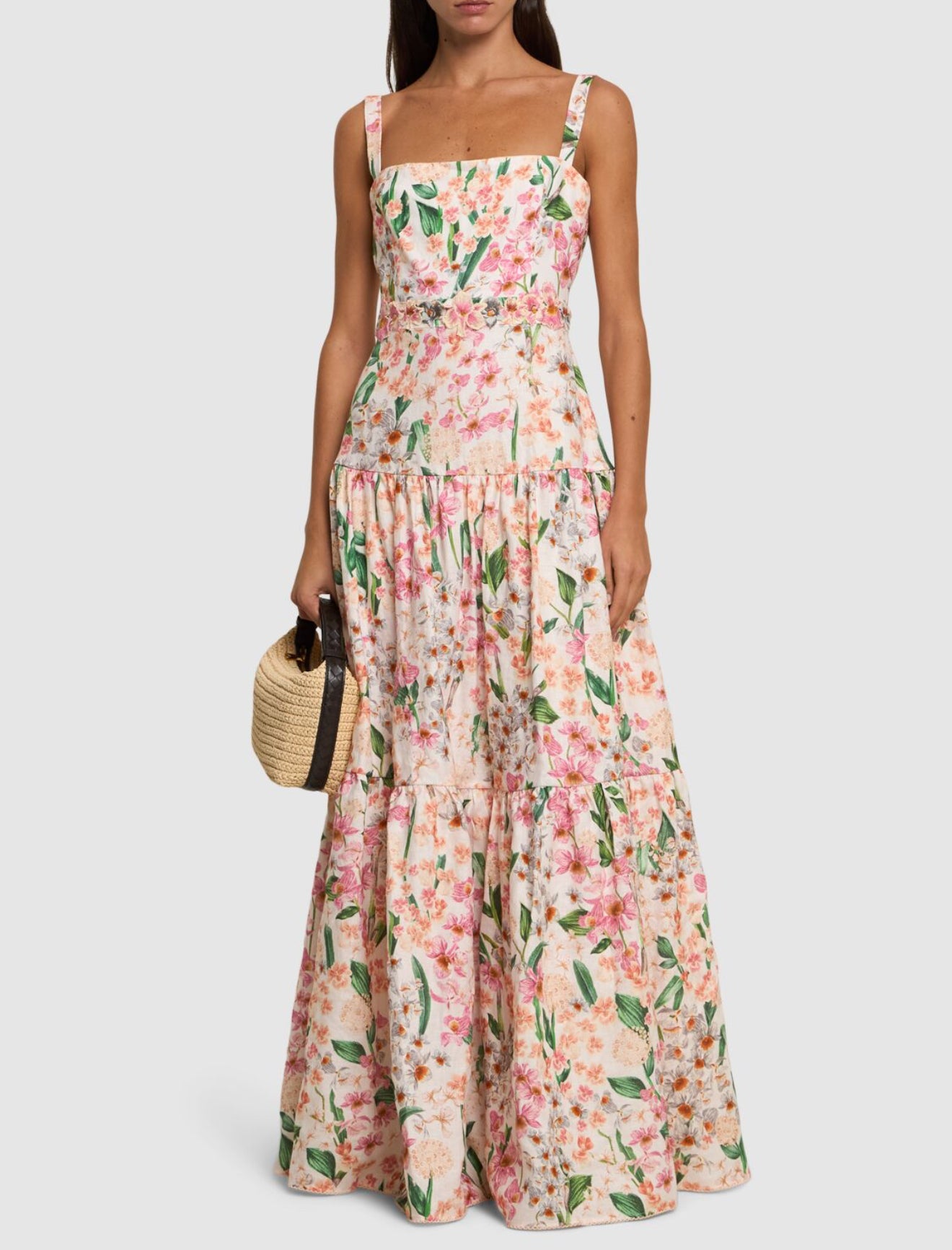 AB Lima Jardiniera Tiered Floral Linen Maxi Dress