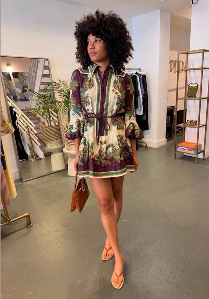 ALM002 Plum/Green Paisley Linen Shirtdress Mini Dress | Midi Dress