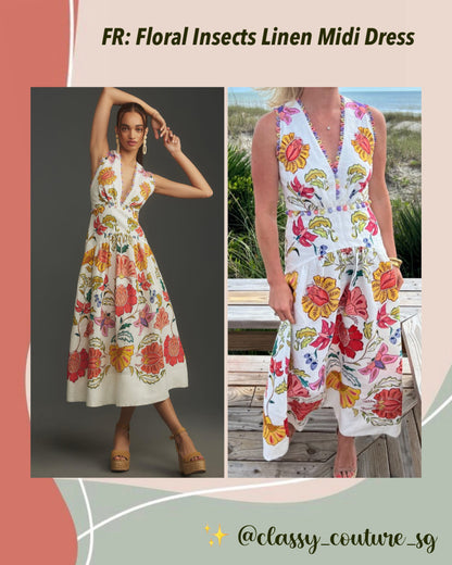 FR Floral Insects Plunge Neck Embellished Printed Linen Midi Dress