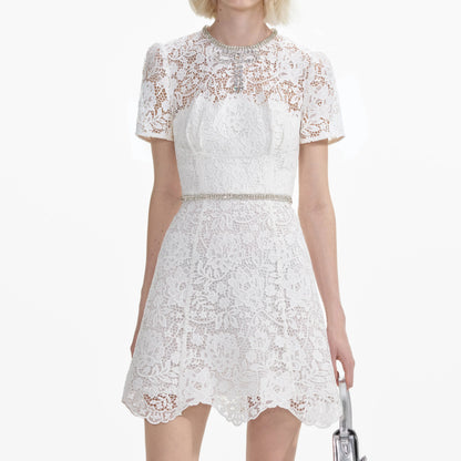 SP White Lace Diamante Mini Dress with Crystal Bow