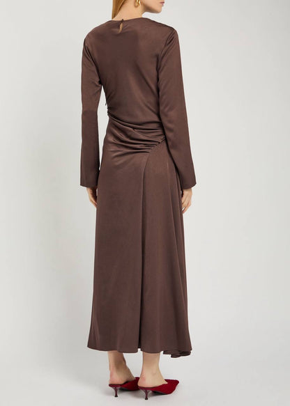 SK Odessa Ruched Long Sleeve Satin Midi Dress in Chocolate brown