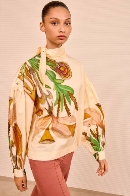 UJ Pastel Tie Neck Blouse Top | Filigree Midi Skirt | Cotton Set
