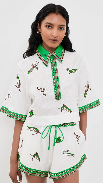 ALM001 Green/White Abstract Embroidered Fish Contrast Linen Crop Shirt | Shorts | Set