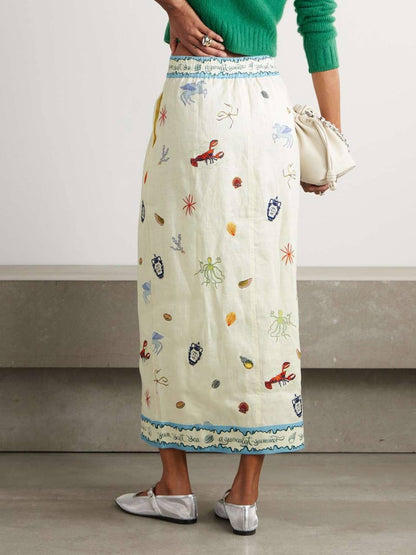 ALM Sandy Embroidered Linen Midi Skirt