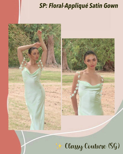 SP Mint Green Floral-Applique Cowl-neck Satin Gown Maxi Dress