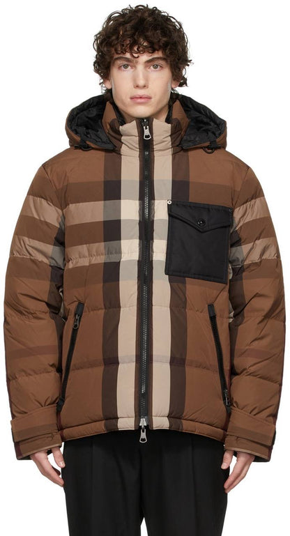 BBR Men’s / Unisex Reversible Check Nylon Puffer Hooded Jacket (Down feather-filled)