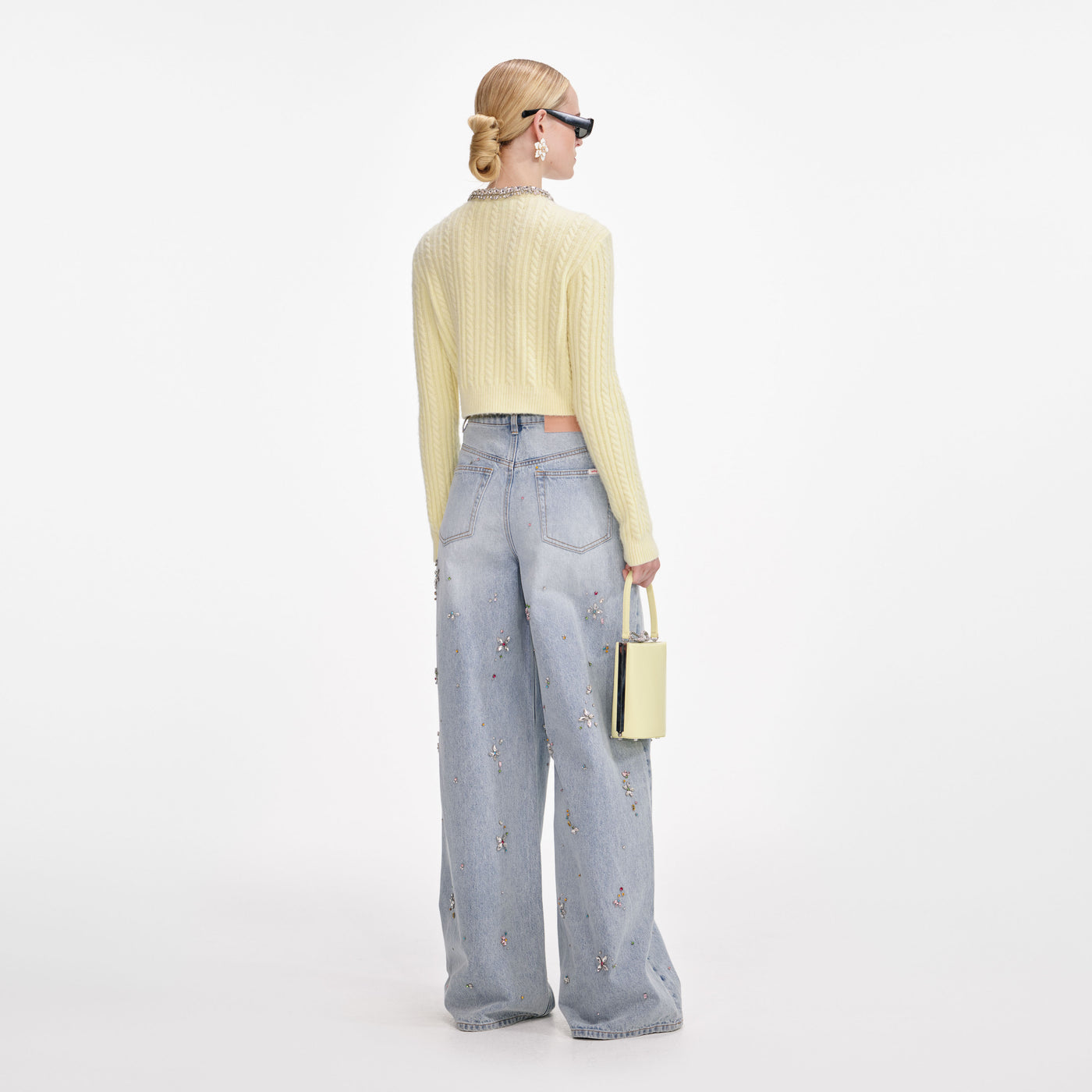 SP Yellow Wool-Alpaca Cable Knit Embellished Cropped Cardigan