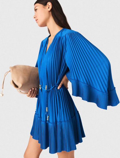 MJ Pleated Braided Drawstring Bell-sleeve Mini Dress