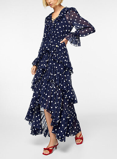 SP Navy Blue Georgette Ruffled Polka-Dot High-low Waterfall Midi Maxi Dress