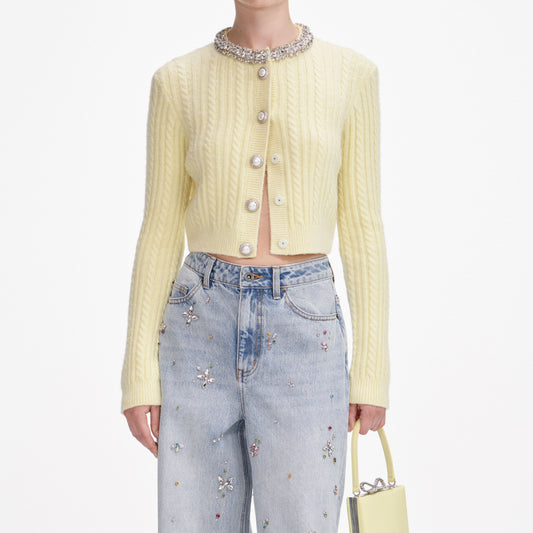 SP Yellow Wool-Alpaca Cable Knit Embellished Cropped Cardigan