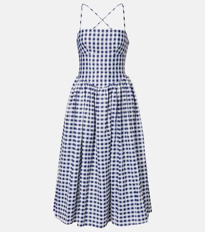 SP Navy Blue Gingham Taffeta Midi Dress