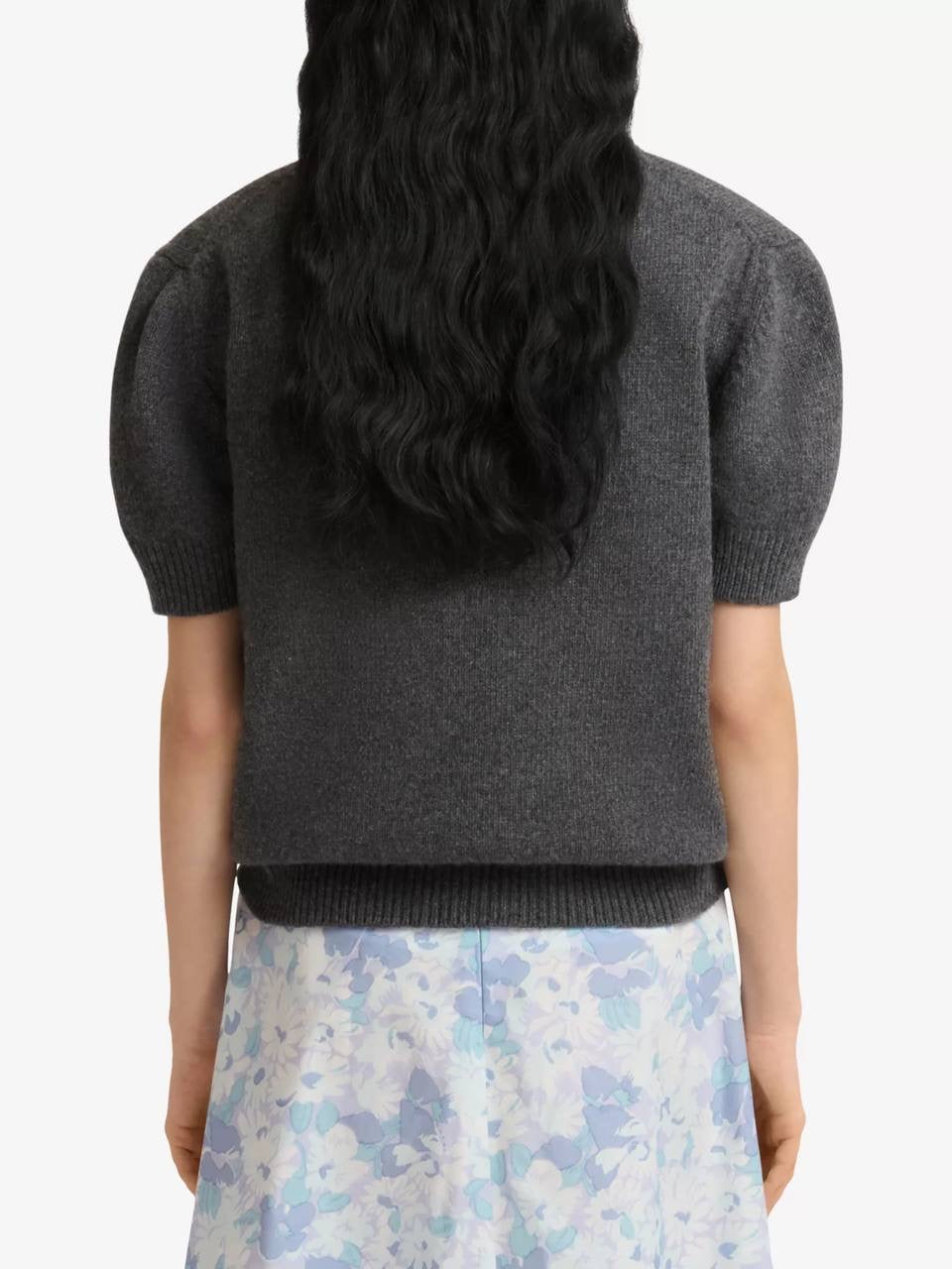 MM Grey Flower-Embroidered Short-Sleeve Wool-cashmere Jumper Top