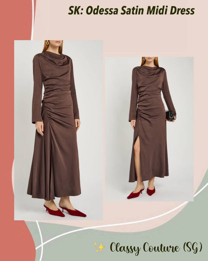 SK Odessa Ruched Long Sleeve Satin Midi Dress in Chocolate brown