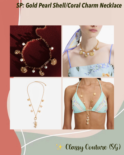 SP Gold-tone Pearl Short Shell & Long Coral Charm Necklace