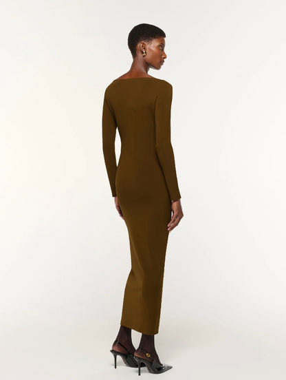 RM Khaki Jersey Twist Drape Metal Trim Stretch-Viscose Midi Dress
