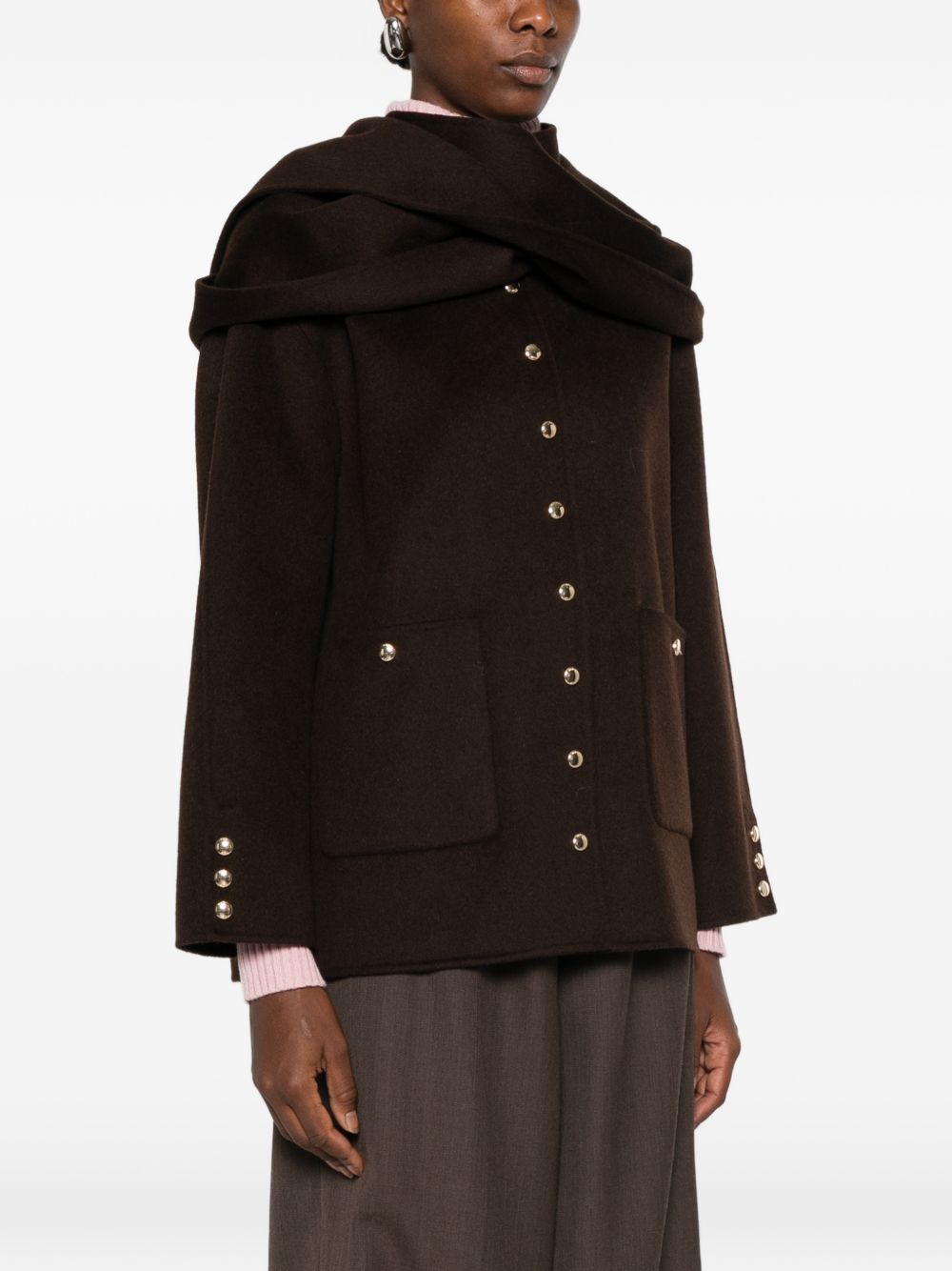 Brown & Camel Short Double-faced Wool-blend Coat Jacket (removable scarf-hood)