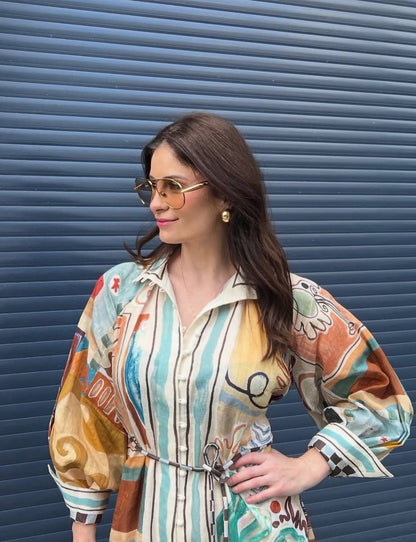 ALM Michelle Long-Sleeve Linen Shirtdress Midi Dress