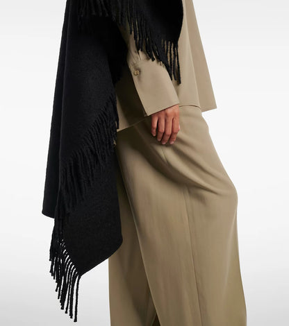 Tot Fringed High-Low Wool-blend Poncho Cape