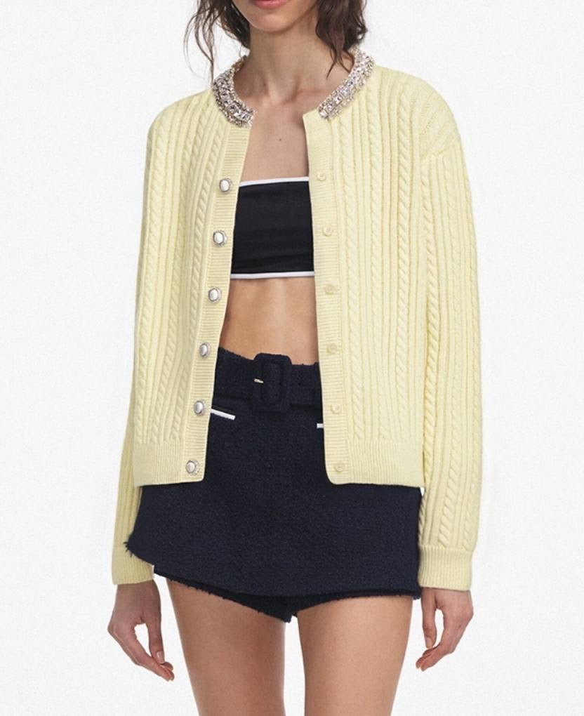 SP Yellow Rhinestone Embellished Collar Alpaca-blend Cardigan