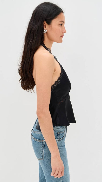 6 Colors! Ref Monica Silk Halter Lace Trim Top