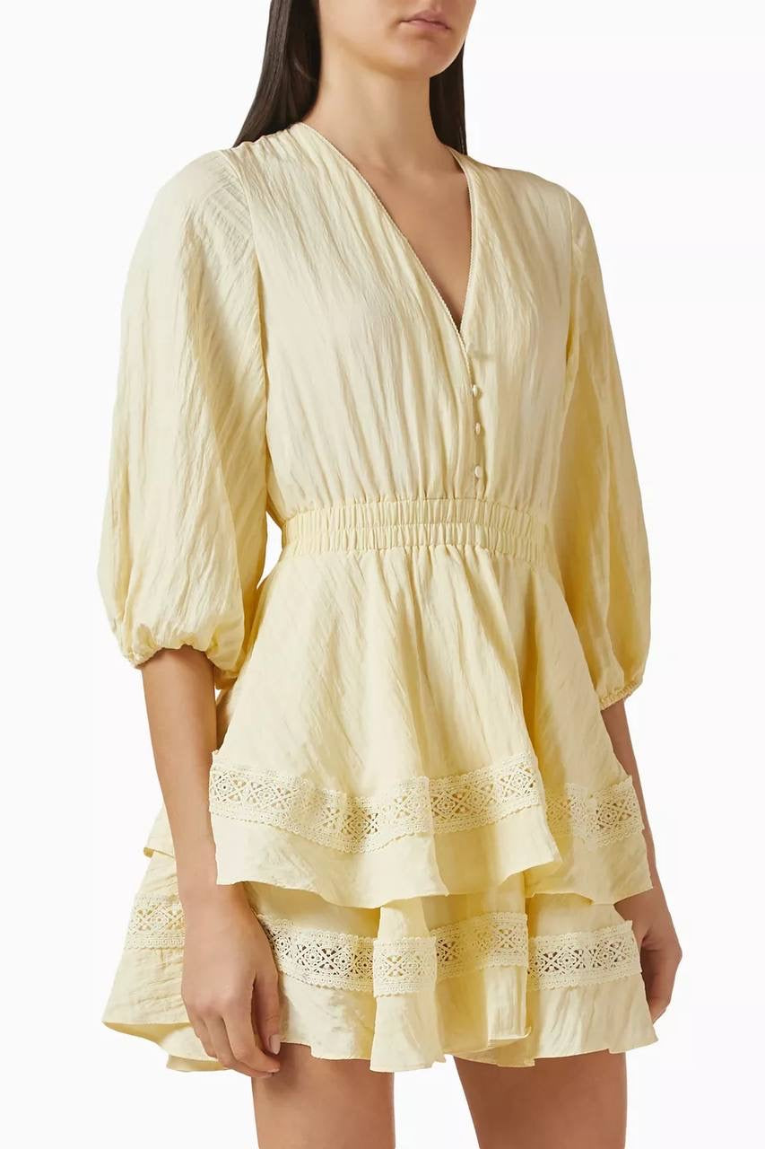 MJ Rapapamy Yellow Short V-Neck Ruffled Mini Dress