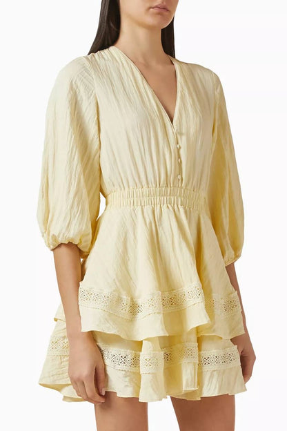 MJ Rapapamy Yellow Short V-Neck Ruffled Mini Dress