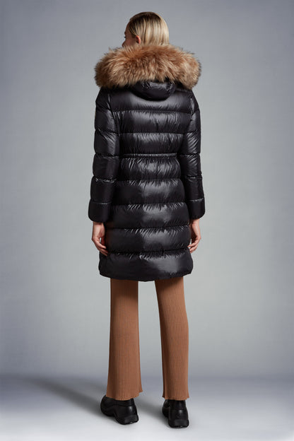 MC Chandre Long Down Puffer Jacket Coat With Removable Shearling Trim in Black