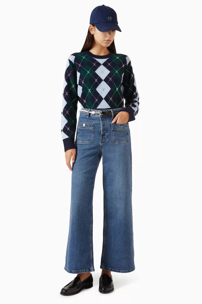Argyle Diamond Jumper Sweater with Rhinestones & Wool Triangle Scarf | Green/Blue/Navy Set