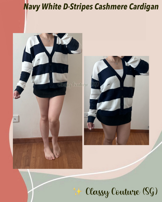 DR Navy Blue and White D-Stripes Cashmere Jersey Knit Cardigan