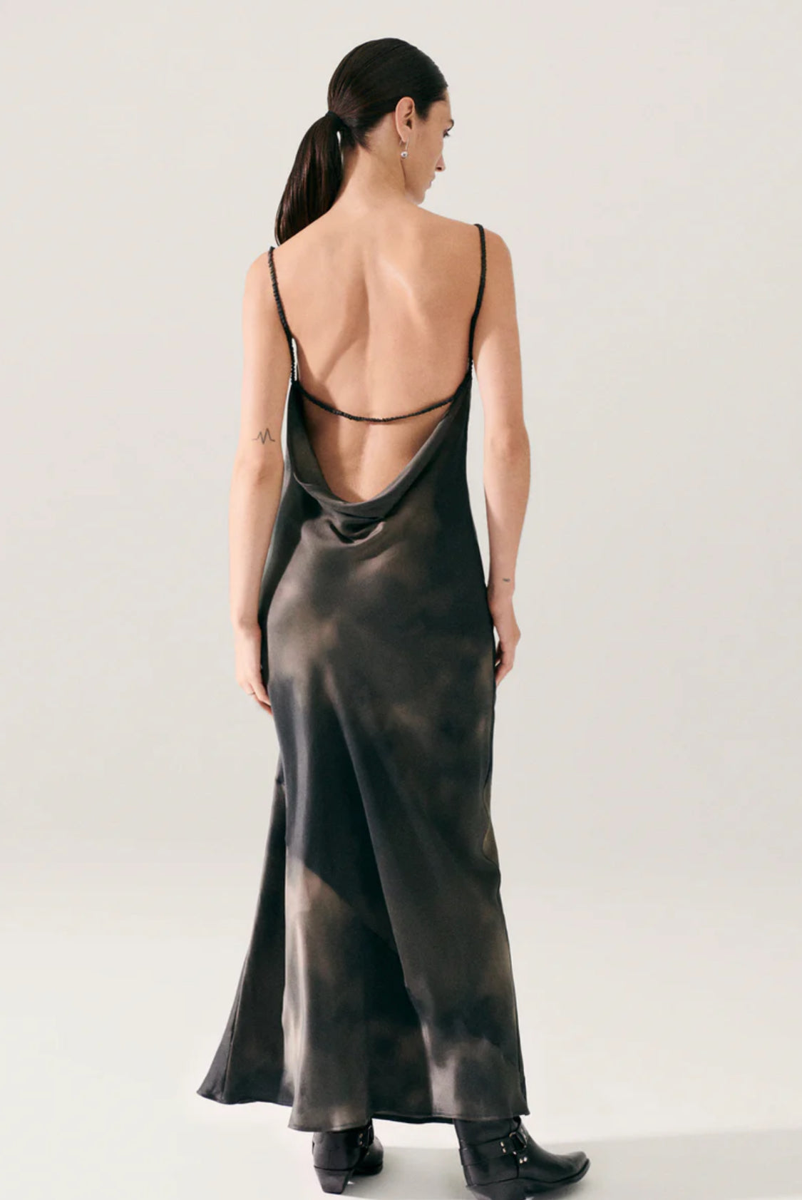 SL Mia Silk Cowl Neck Maxi Dress with open back in Smoke