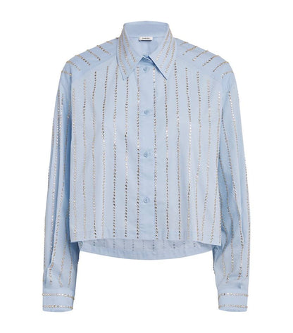 SD Celena Cotton Striped Embellished Cropped Button Down Shirt