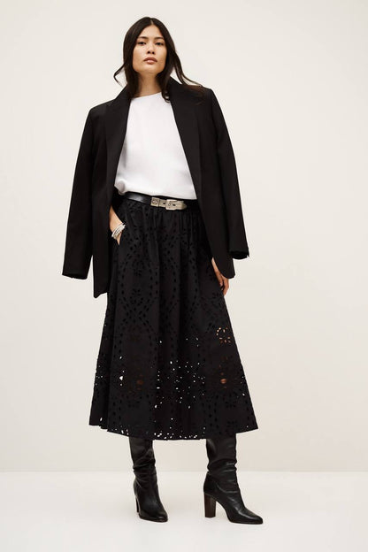 BA Bela Embroidered Eyelet Flared Organic Cotton Midi Skirt