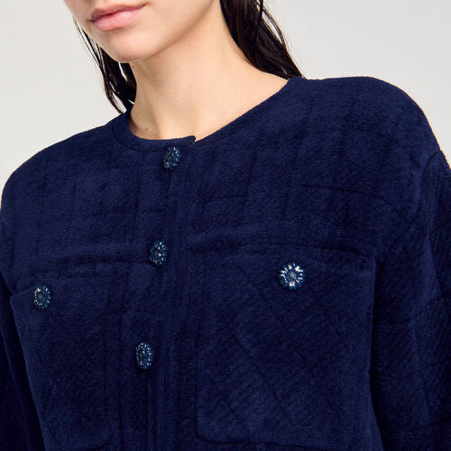 SD Short Velvet-Effect Knit Jacket | Viscose-blend Quilted Cropped Cardigan