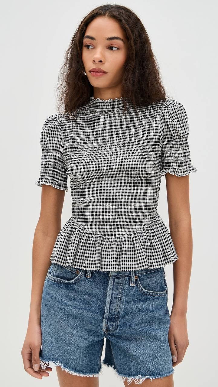 Ref Aggie Puff-Sleeve Smocked Peplum Top