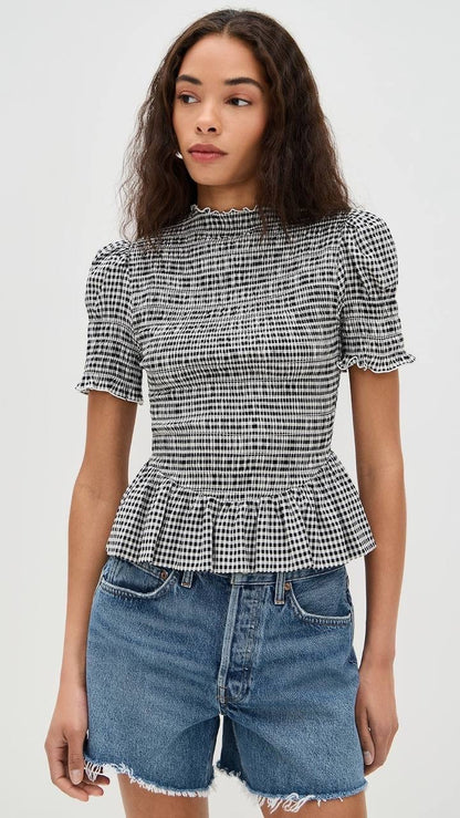 Ref Aggie Puff-Sleeve Smocked Peplum Top