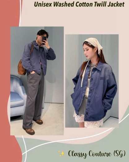 Women’s/Unisex Blue Washed Cotton Twill Blouson Jacket Overshirt