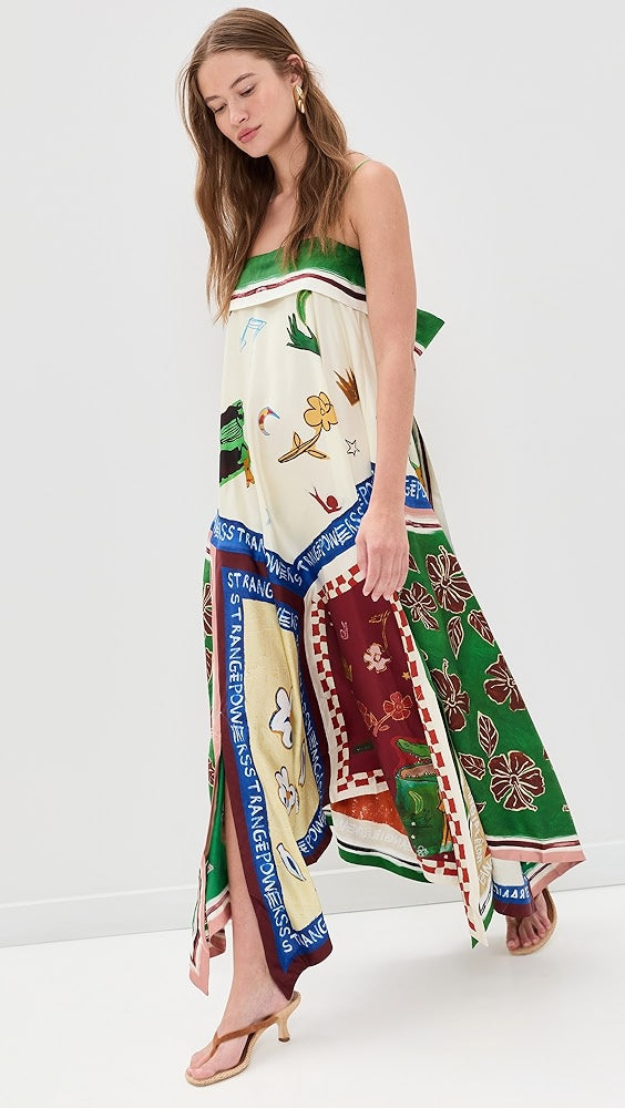 ALM021 Green Eclectic Patchwork Handkerchief Silk Maxi Dress Sundress